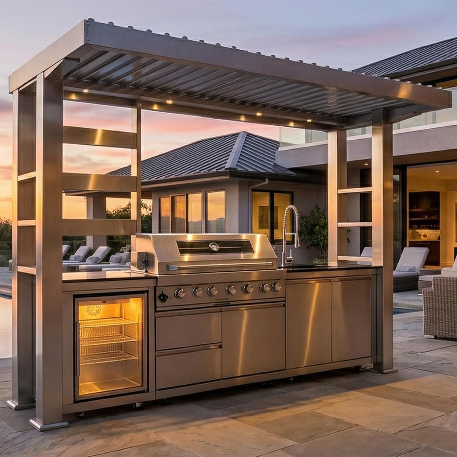 5-Burner Outdoor Kitchen Island with Refrigerator & Rotisserie