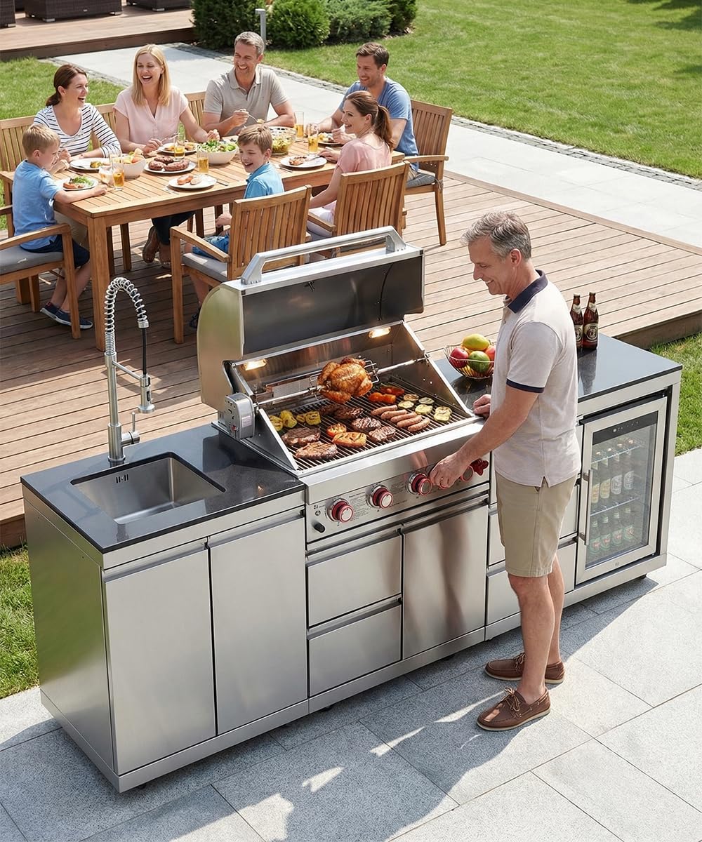 BBQ Outdoor Kitchen Island Grill Barbecue Modular Patio Kitchens Kits with Electric Rotisserie, Sink, fridge, and Burner for More than 15 People