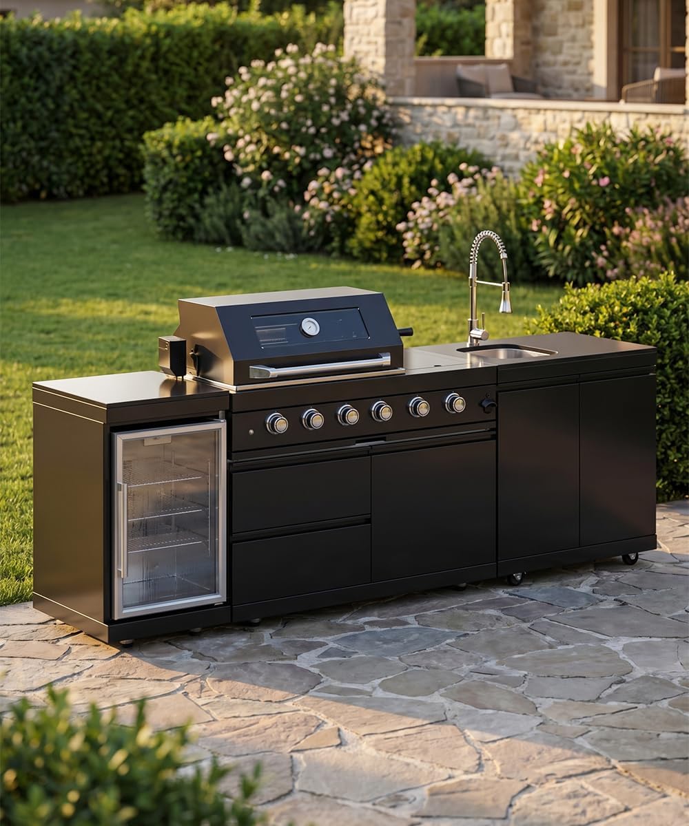 104" Outdoor Kitchen Island with Grill, Refrigerator & Rotisserie