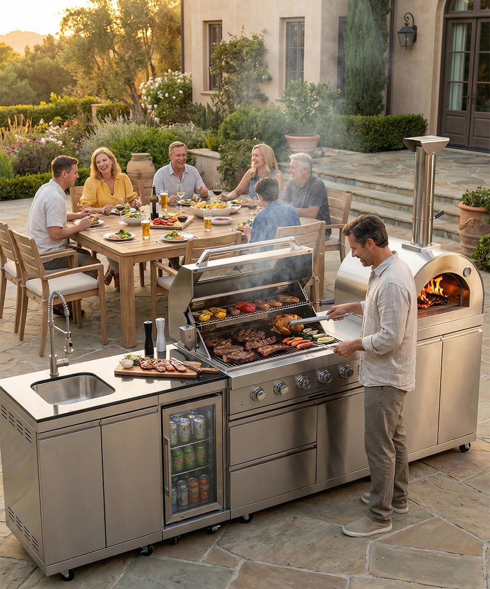 112" Outdoor Kitchen Island Kit with Pizza Oven & Refrigerator