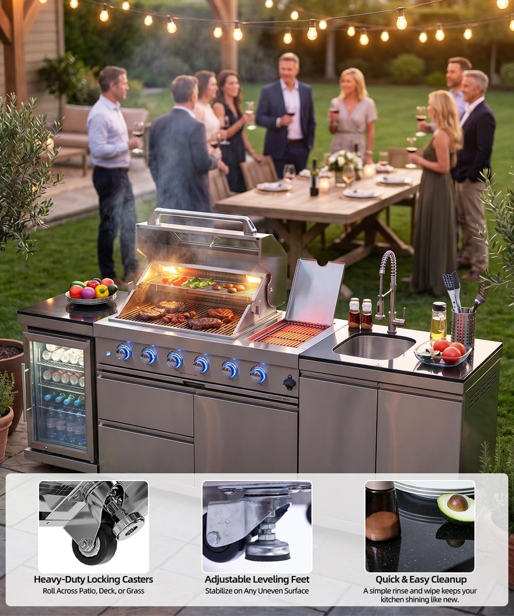 104" Outdoor Kitchen Island with Grill, Refrigerator & Rotisserie