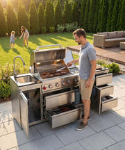 BBQ Outdoor Kitchen Island Grill Barbecue Modular Patio Kitchens Kits with Electric Rotisserie, Sink, fridge, and Burner for More than 15 People