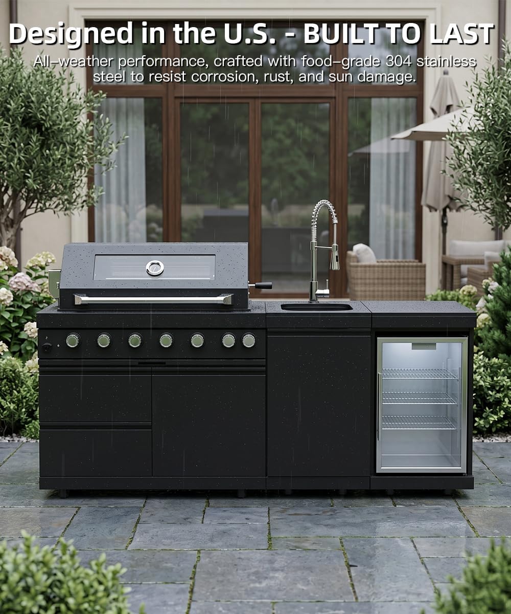 104" Outdoor Kitchen Island with Grill, Refrigerator & Rotisserie
