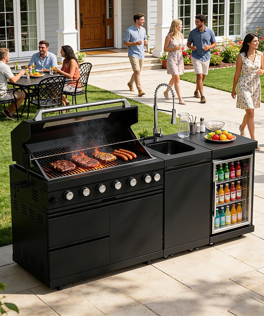 104" Outdoor Kitchen Island with Grill, Refrigerator & Rotisserie