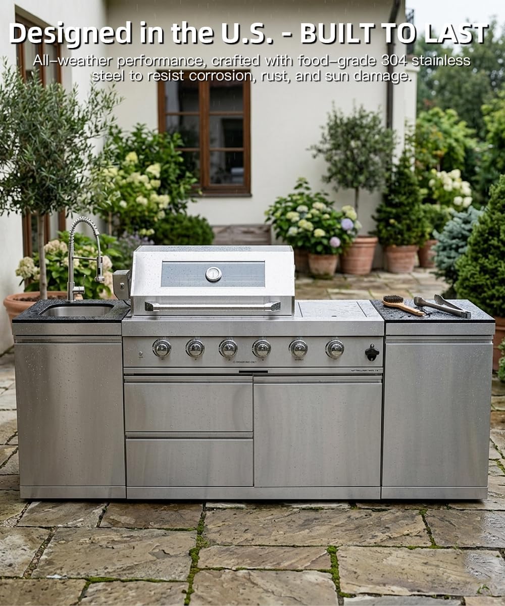 104" Outdoor Kitchen Island with Grill, Refrigerator & Rotisserie