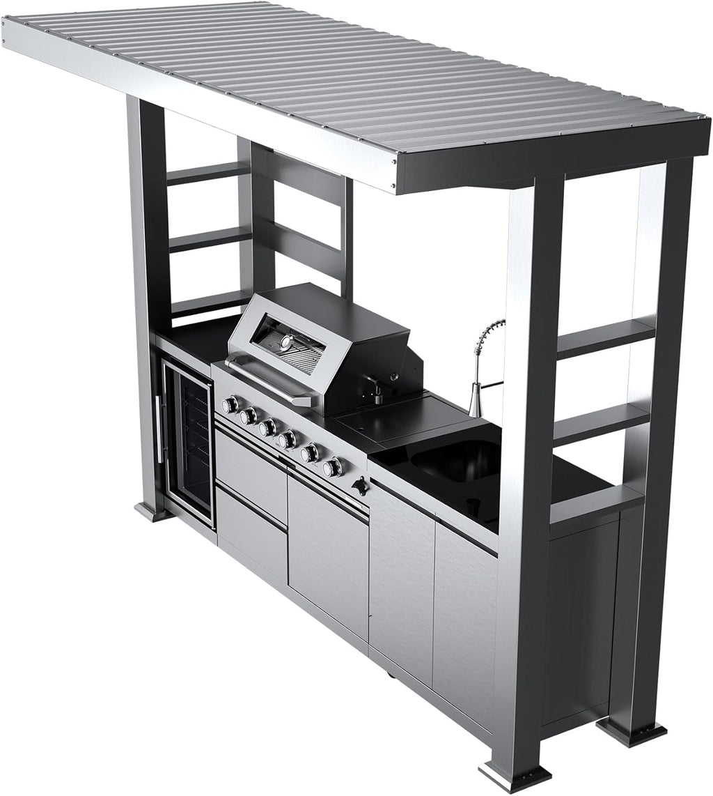 5-Burner Outdoor Kitchen Island with Refrigerator & Rotisserie