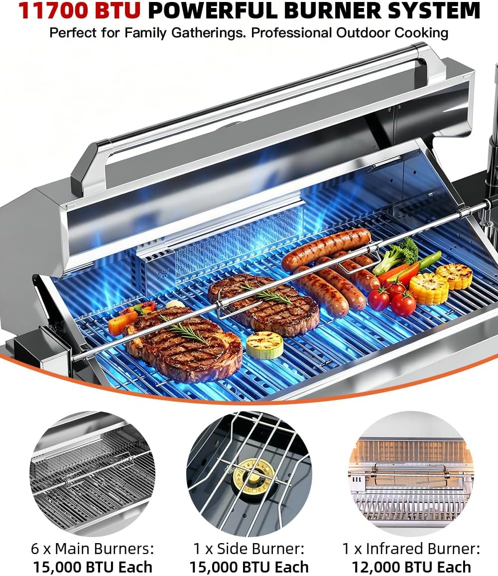 104" Outdoor Kitchen Island with Grill, Refrigerator & Rotisserie