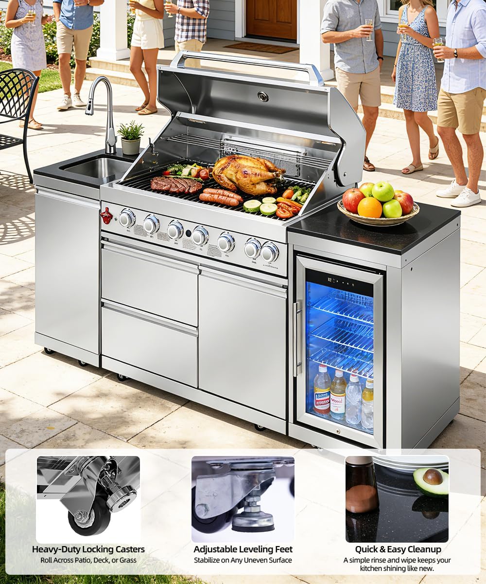 104" Outdoor Kitchen Island with Grill, Refrigerator & Rotisserie