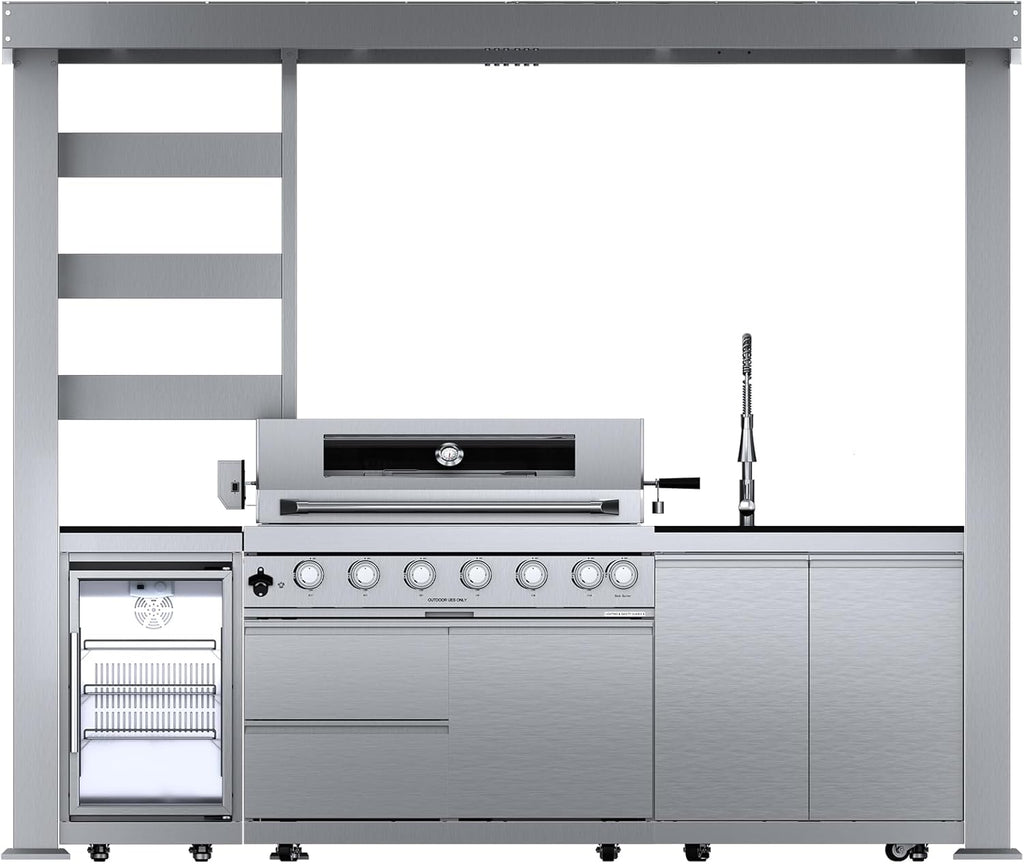 5-Burner Outdoor Kitchen Island with Refrigerator & Rotisserie