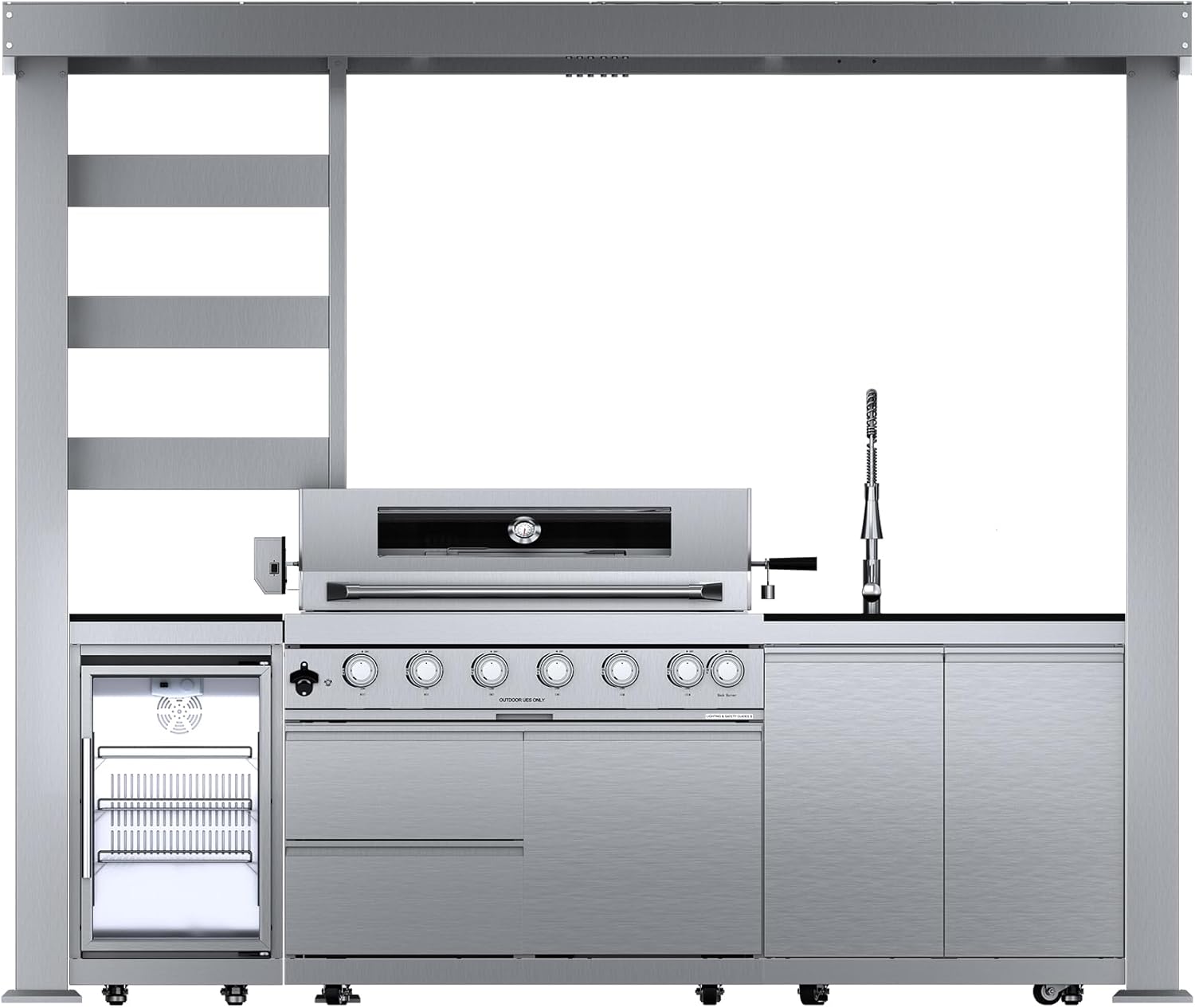 5-Burner Outdoor Kitchen Island with Refrigerator & Rotisserie