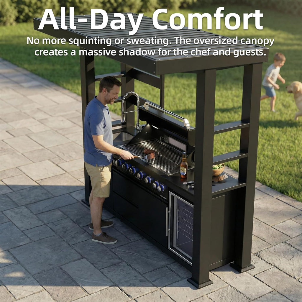 5-Burner Outdoor Kitchen Island with Refrigerator & Rotisserie