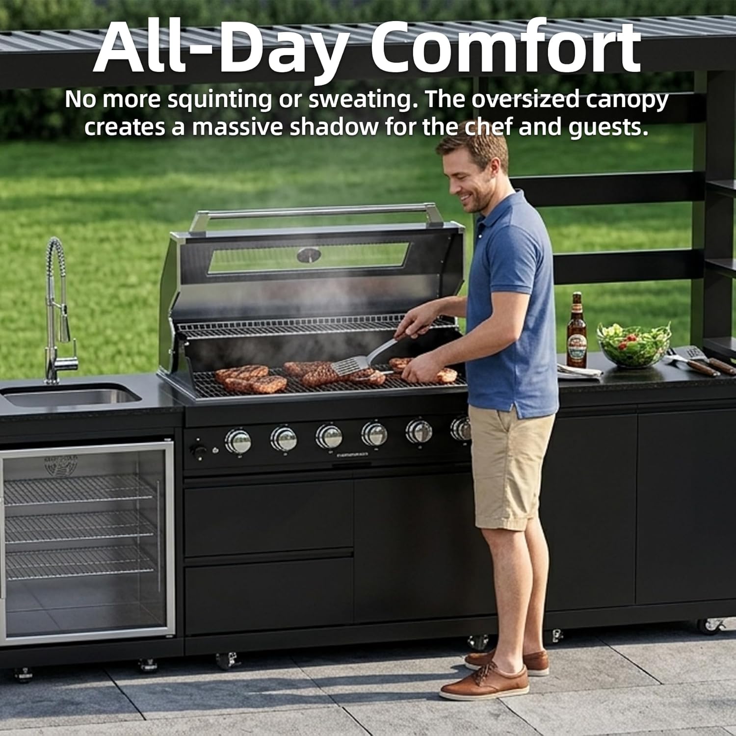 5-Burner Outdoor Kitchen Island with Refrigerator & Rotisserie