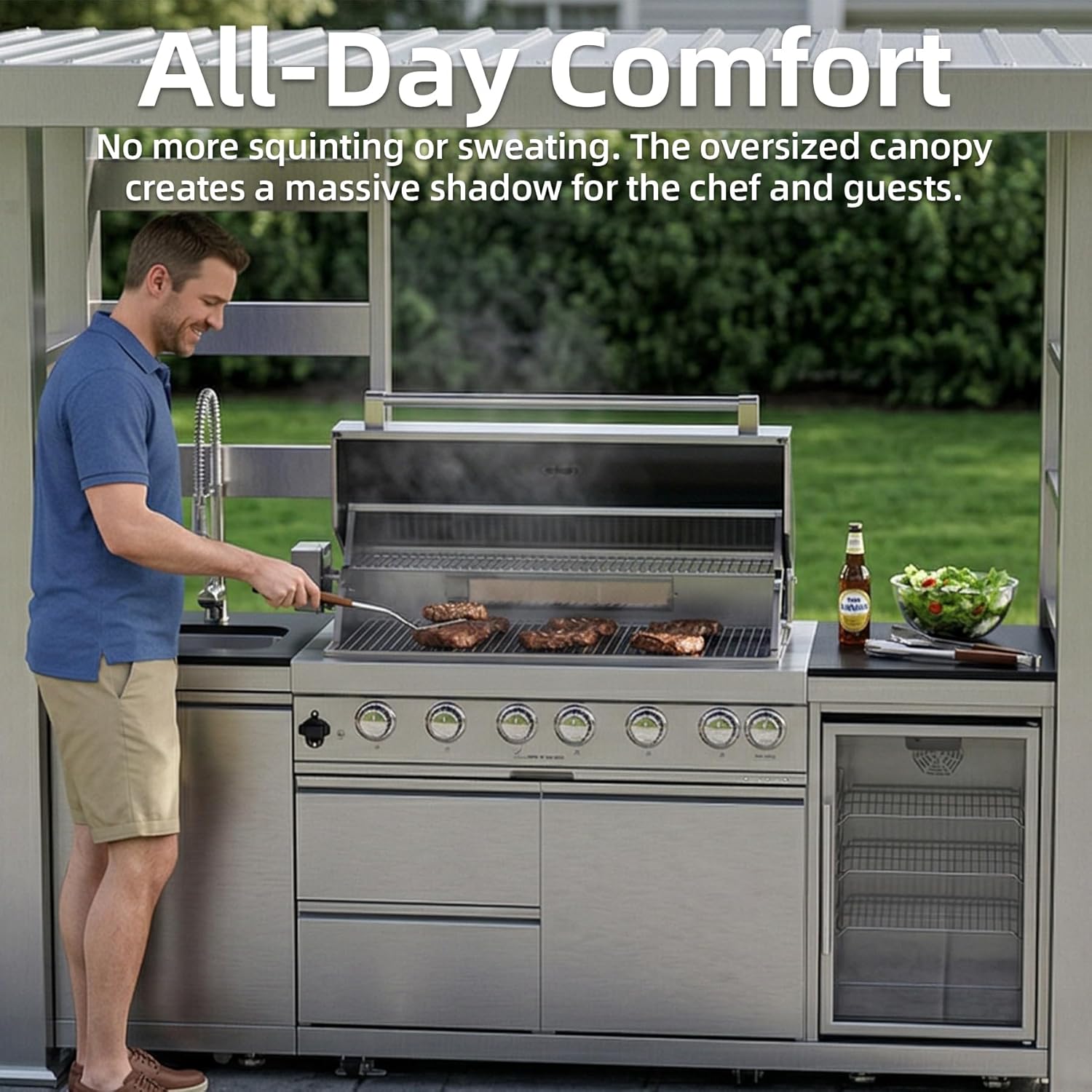 5-Burner Outdoor Kitchen Island with Refrigerator & Rotisserie