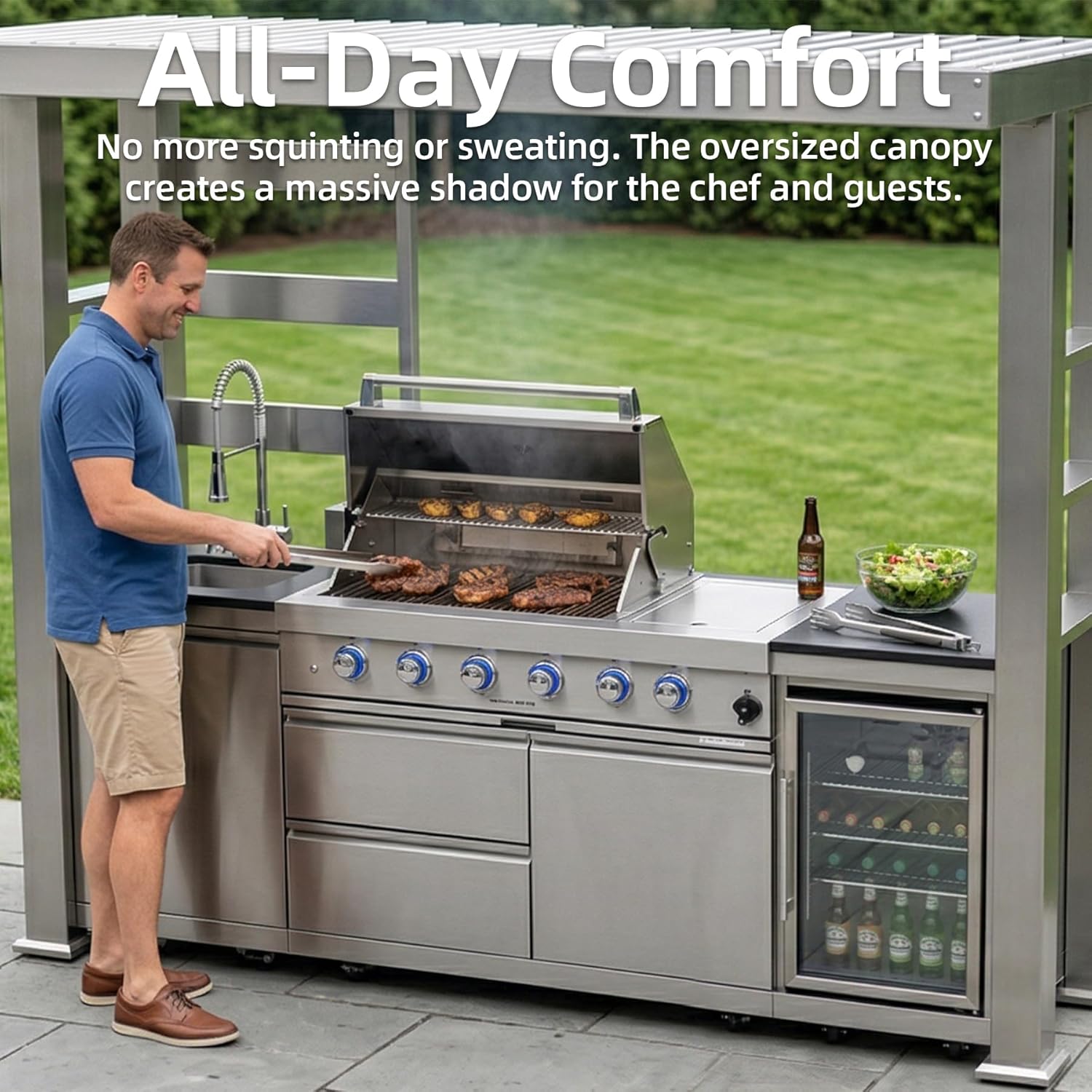5-Burner Outdoor Kitchen Island with Refrigerator & Rotisserie