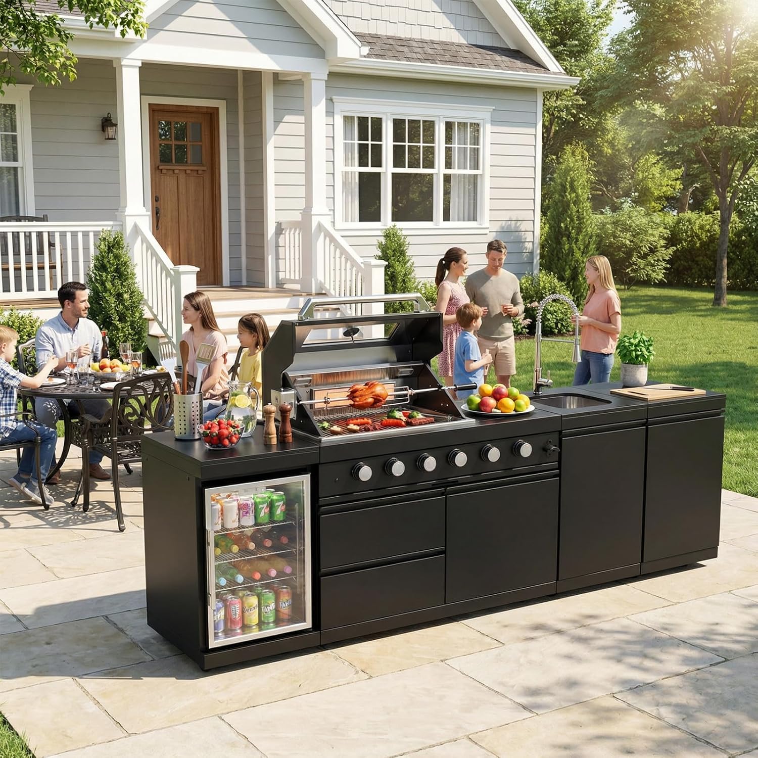 104" Outdoor Kitchen Island with Grill, Refrigerator & Rotisserie