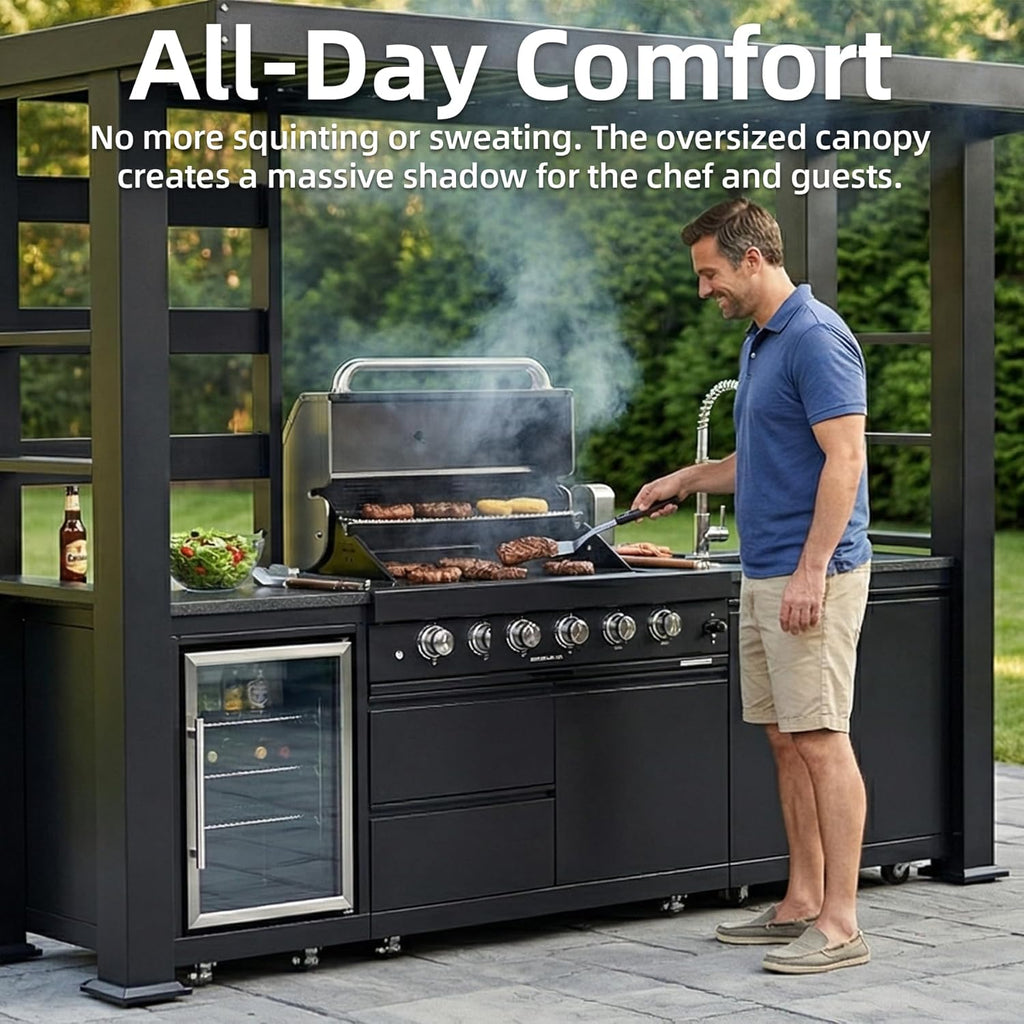 5-Burner Outdoor Kitchen Island with Refrigerator & Rotisserie