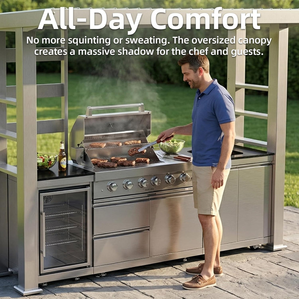5-Burner Outdoor Kitchen Island with Refrigerator & Rotisserie