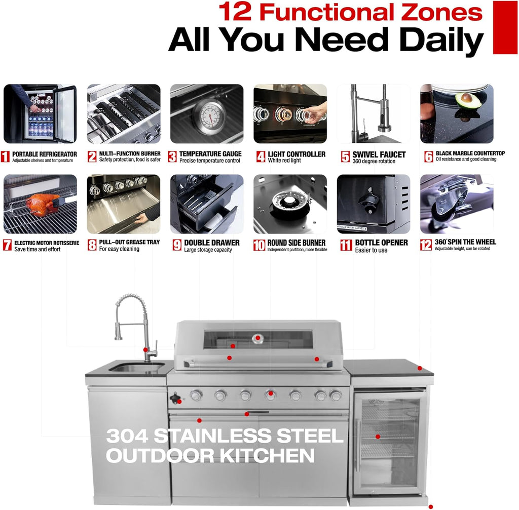 5-Burner Outdoor Kitchen Island with Refrigerator & Rotisserie