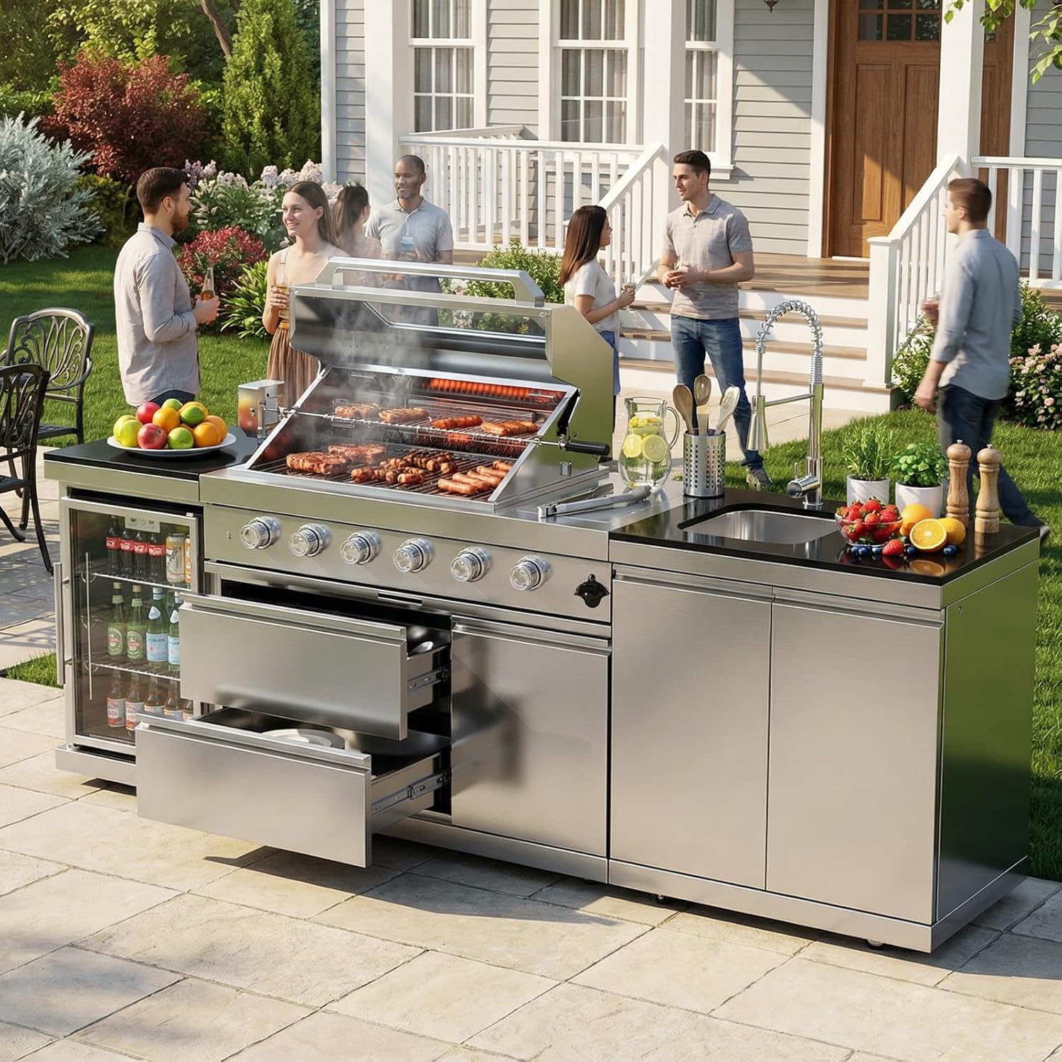 104" Outdoor Kitchen Island with Grill, Refrigerator & Rotisserie
