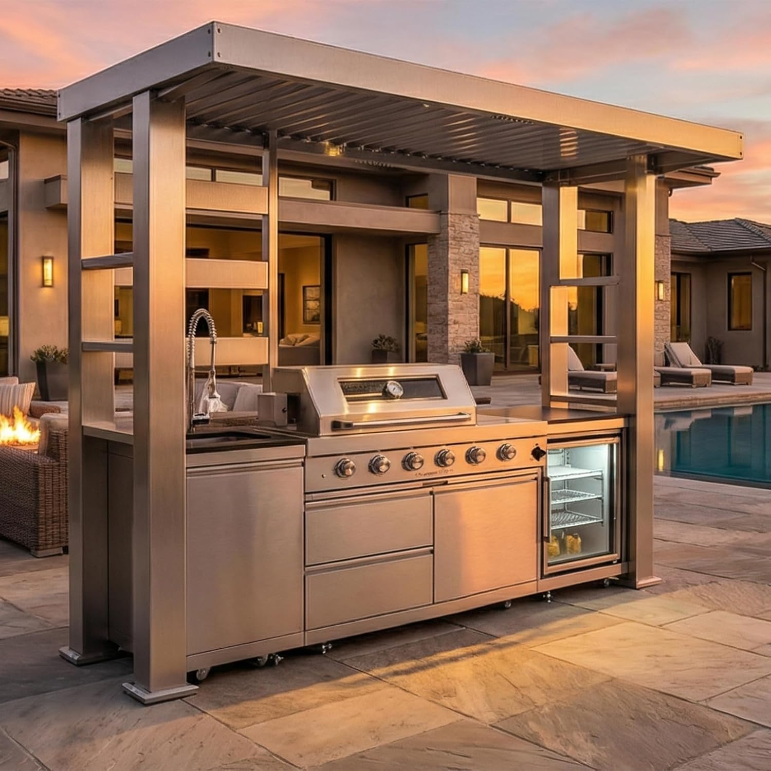 5-Burner Outdoor Kitchen Island with Refrigerator & Rotisserie
