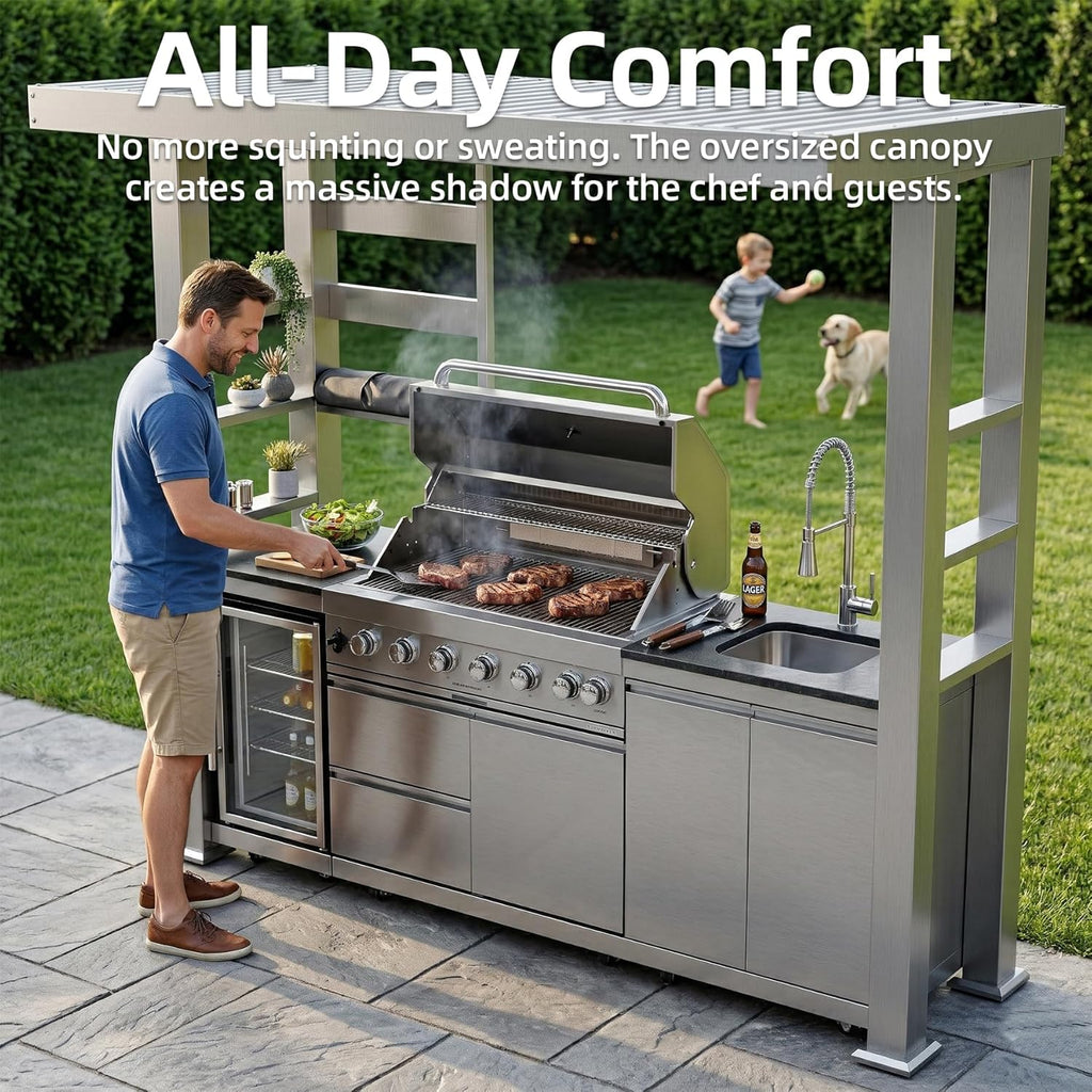 5-Burner Outdoor Kitchen Island with Refrigerator & Rotisserie