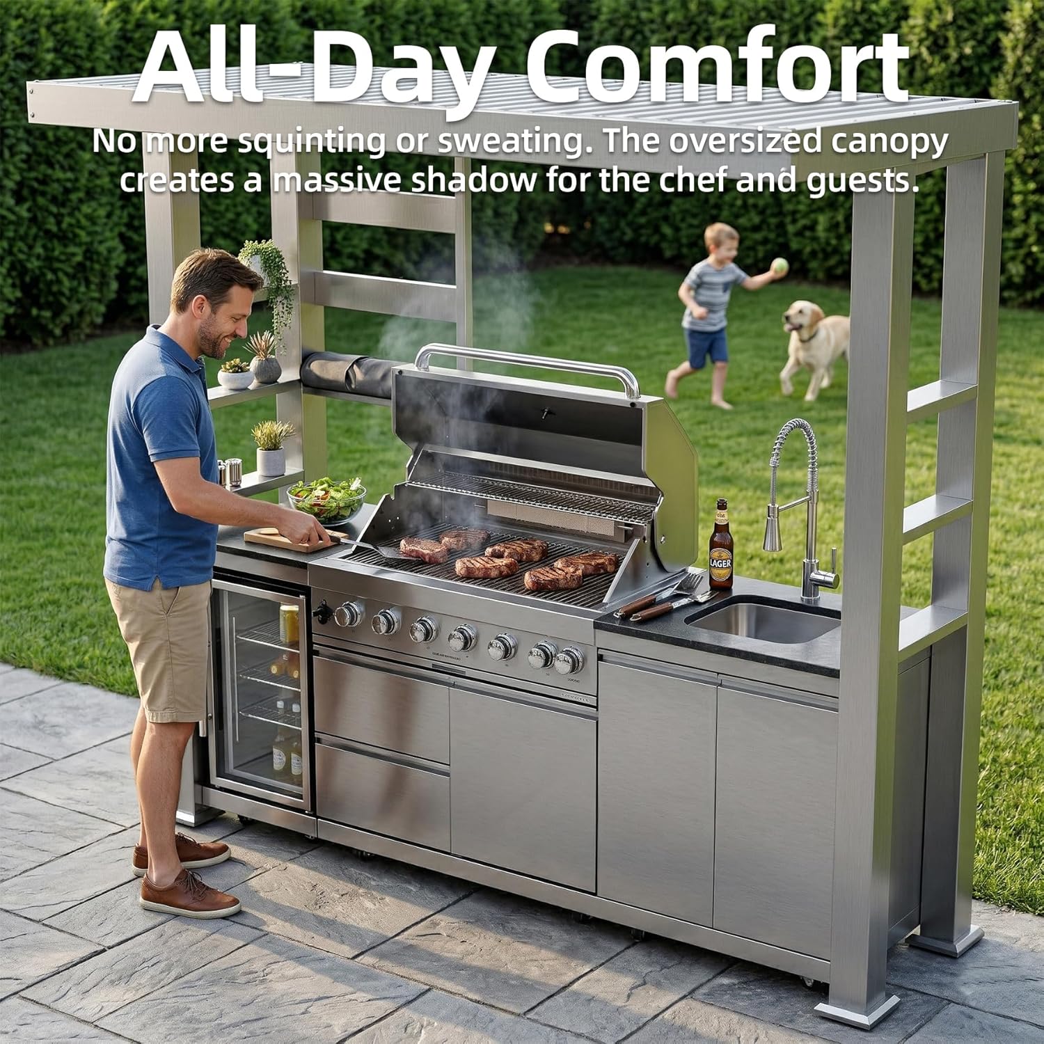 5-Burner Outdoor Kitchen Island with Refrigerator & Rotisserie