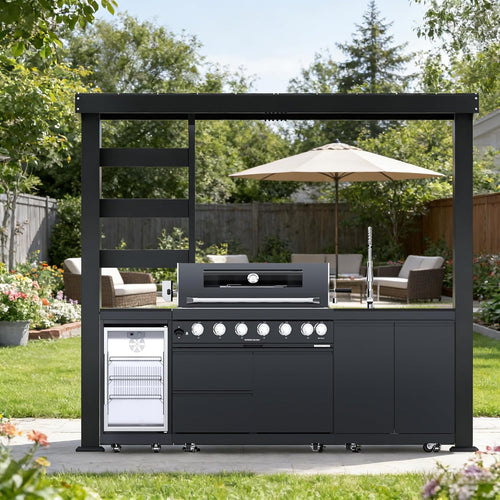 Prefab Outdoor Kitchen Kits, 5-Burner Barbecue Grill Island with Refrigerator & Rotisserie, All in One Kitchenette & Outdoor Prep Station for Backyard (Black(107"), Natural Gas)