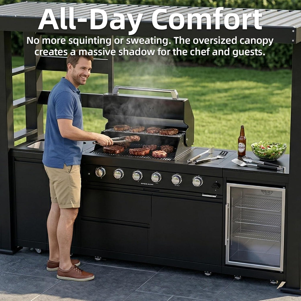 5-Burner Outdoor Kitchen Island with Refrigerator & Rotisserie