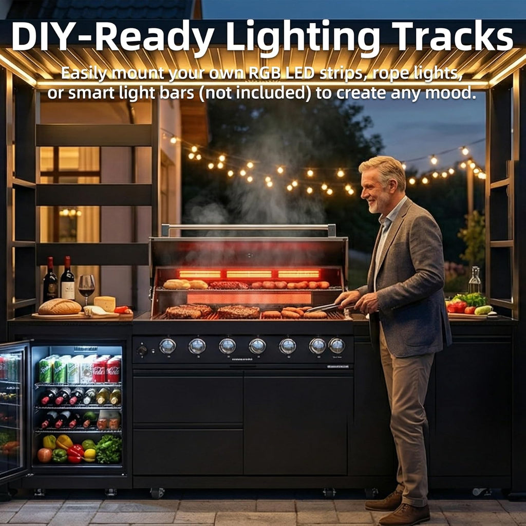 5-Burner Outdoor Kitchen Island with Refrigerator & Rotisserie
