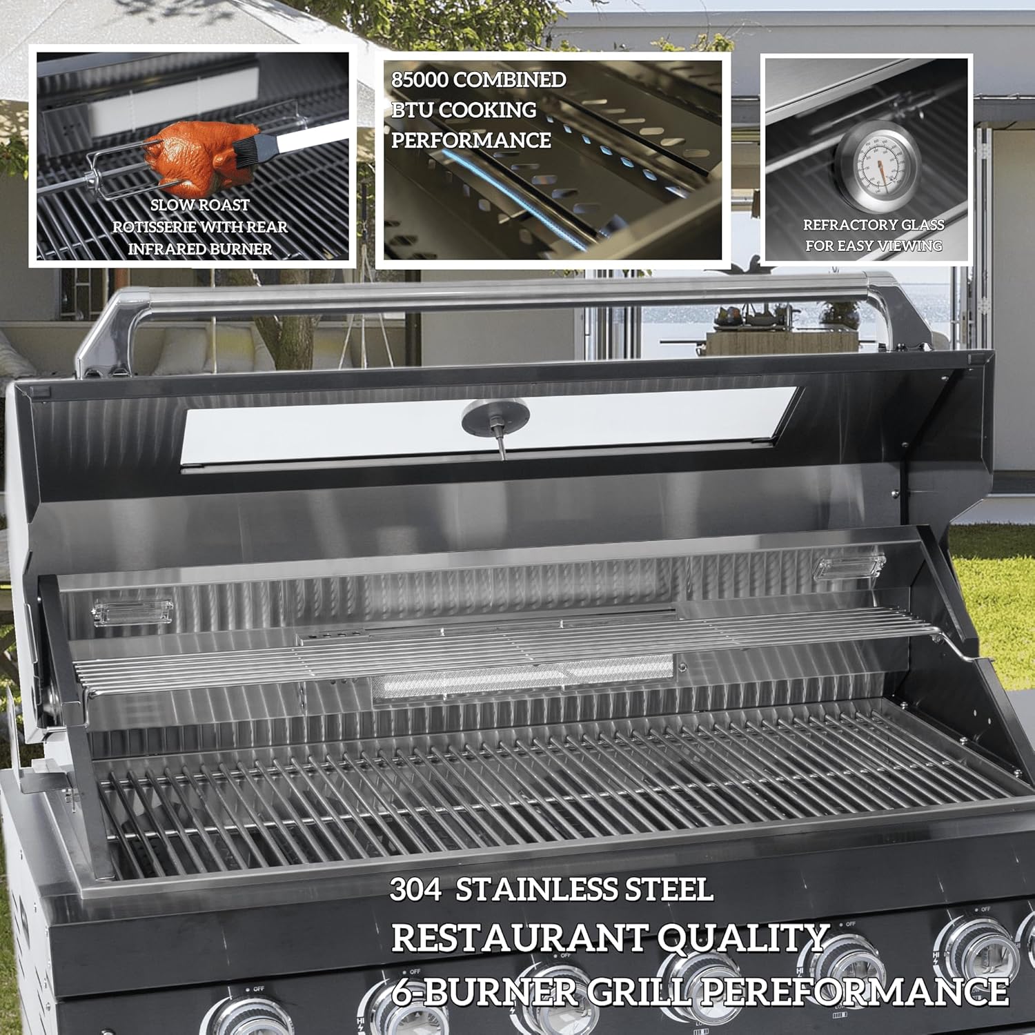 5-Burner Outdoor Kitchen Island with Refrigerator & Rotisserie